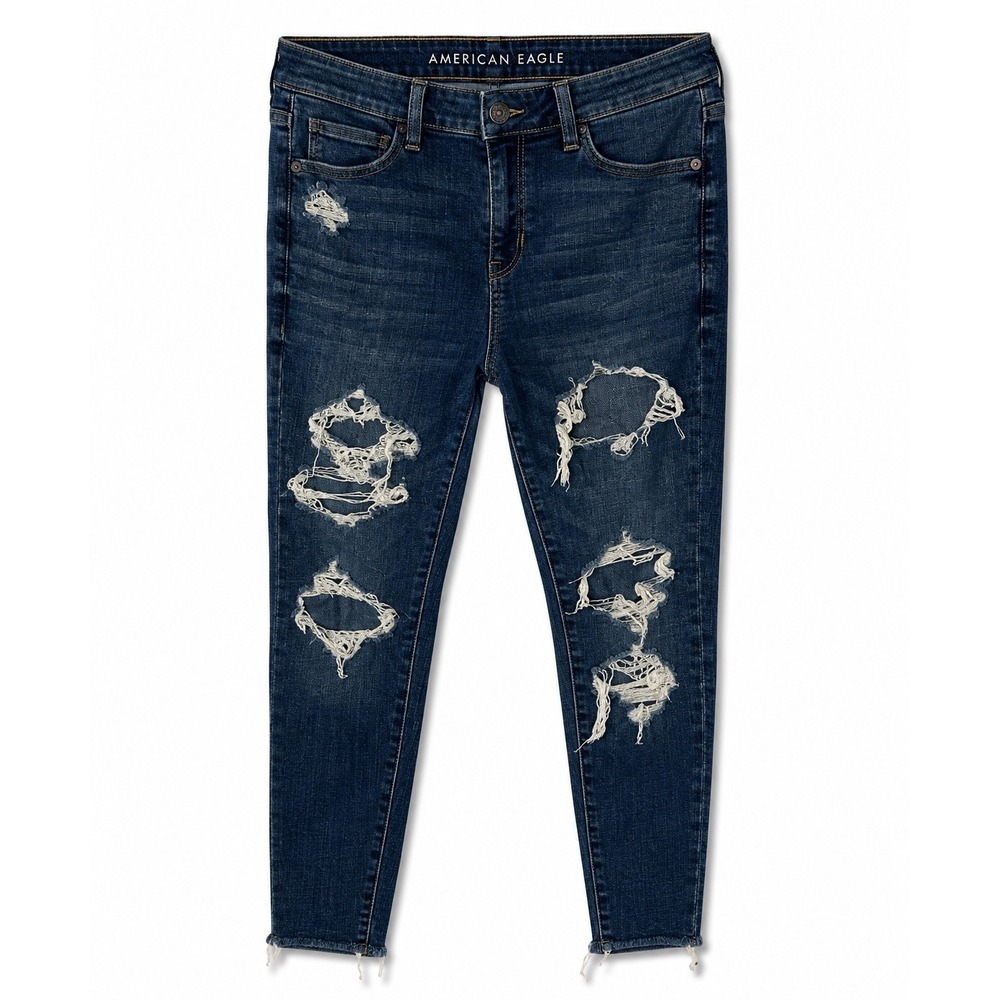 American Eagle Skinny Jeans Womens 8 Short Blue Distressed High Rise Stretch